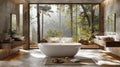 Natural materials enrich the bathroom, offering earthy, organic ambiance