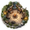 Natural Materials Garden With Round Fireplace And Seating Area