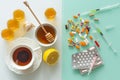 Natural medicine, tea, honey, lemon and garlic against tablets of syringes and other medications, top view background in two color Royalty Free Stock Photo