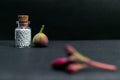 Natural medicine concept - Homeopathic medicine bottle of pills with wild fruit and blurred flower image on dark background