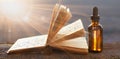 Herbs, medicines and old book, bottle. Front view. Panoramic composition Royalty Free Stock Photo