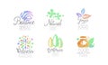 Natural Medicine Logo Design Collection, Wellness Center, Healthy Food, Balance Watercolor Badges Vector Illustration