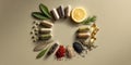 Natural medicine and nutritional supplements arranged in circular pattern, featuring capsules, herbs, and lemon. This composition Royalty Free Stock Photo