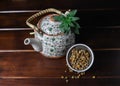 Natural medicine - Pollen grains fallingchamaemelum nobile - Camomile tea - Flowers - Teapot