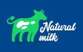 Natural Milk Banner with Green Cow and Typography on Blue Background. Dairy Production Label, Healthy Food