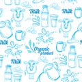 Natural milk with splashes, seamless pattern design.