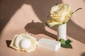 Natural minimal beauty pedestal. Empty cosmetics podiums on beige background with shadow