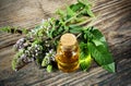 Natural Mint Essential Oil in a Glass Bottle with Fresh Mint Leaves on a wooden Royalty Free Stock Photo