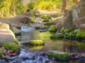 natural mossy rock stone on flowing river on sunny day background.