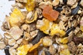 Natural muesli background with fruits. for horse. extrime mac