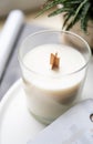 Natural new soy wax candle with wooden wick in clear glass jar Royalty Free Stock Photo