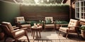 Natural Oasis: Scandinavian Terrace with Wood and Leather Chairs in Warm Brown, Forest Green, and Creamy Beige Tones Royalty Free Stock Photo