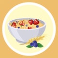 Natural oatmeal porridge with strawberries, blueberries, cereals in bowl, sweet morning meal