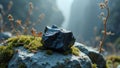 Natural obsidian rock on moss-covered boulder in sunlit mountain valley Royalty Free Stock Photo