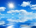 Natural ocean sunny background, blue sky with cumulus clouds