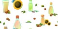 Natural oils items seamless pattern. Cartoon style. Extracted from nuts and plant seeds. Clean natural food. Product for Royalty Free Stock Photo