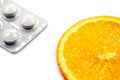 Natural orange fruit vs chemical medicine Royalty Free Stock Photo