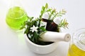 Natural organic botany and scientific glassware, Alternative herb medicine, Natural skin care beauty products.