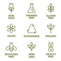 Natural and organic cosmetic line icons. Beauty product. Gluten and paraben free cosmetic. Allergen free badges. Non