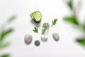 Natural organic cosmetics lay flat. Transparent cleansing gel, cucumber slice, round stones on a gray background. Layout, free