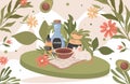 Natural organic cosmetics not tested on animals vector flat concept. Bottles with cosmetics, flowers, herbs and avocado.