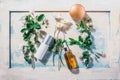 Natural organic cosmetics: serum, cream, mask on wooden background with flowers. Skincare concept Royalty Free Stock Photo