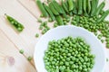 Natural organic food harvesting and preparation concept. Green peas
