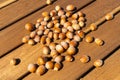 Natural organic hazelnuts on the wood table background