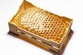 Natural organic honey in honeycomb in wooden frame on white background Royalty Free Stock Photo