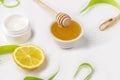 Natural organic ingredients to make home skin care. Cleansing and nourishing cosmetics. Beauty products: cream, honey, sea salt Royalty Free Stock Photo