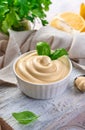 Natural organic mayonnaise on a light background. Royalty Free Stock Photo