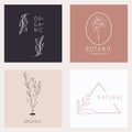 Set of 4 aesthetic women cosmetics logos. Minimalistic floral icons with lettering.