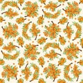 Natural organic sea buckthorn seamless pattern. Vector outline drawn illustration