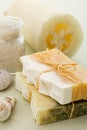 Natural organic soap with bath salt and loofah Royalty Free Stock Photo