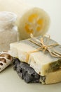 Natural organic soap with bath salt and loofah Royalty Free Stock Photo