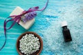 Natural organic soap bottles essential oil and sea salt on a blue wooden table, Spa with flowers Royalty Free Stock Photo