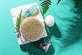 Natural organic wooden body massage brush, crystals, towel, fern leaves with natural sunlight. Home Spa Therapy. Royalty Free Stock Photo