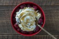 Natural organic yogurt with fresh red raspberries and cottage cheese for breakfast, top view, close up Royalty Free Stock Photo