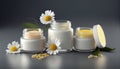 Natural organoc eco cosmetics in open jars with bloom. Al generated