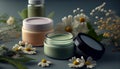 Natural organoc eco cosmetics in open jars with bloom. Al generated