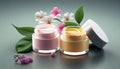 Natural organoc eco cosmetics in open jars with bloom. Al generated