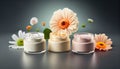 Natural organoc eco cosmetics in open jars with bloom. Al generated