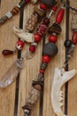 Boho pagan natural jewelry wooden beads skulls bones Royalty Free Stock Photo