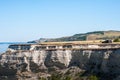 Natural panorama of rocks, texture. Tourists take things from the trunk of the blue car against the backdrop of the canyon. Utes o Royalty Free Stock Photo