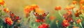 Natural panoramic background with three peacock eye butterflies sit on flowers in a Sunny garden Royalty Free Stock Photo