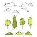 Natural park elements set of trees, shrubs and clouds in line art with editable stroke isolated on white background. Royalty Free Stock Photo