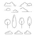 Natural park elements set of trees, shrubs and clouds in line art with editable stroke isolated on white background. Royalty Free Stock Photo