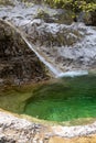 Natural path of Val Falcina at Valle del Mis in Italy. Cadini of Brenton, Sospirolo, with blue azure clear water and multiple