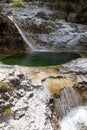 Natural path of Val Falcina at Valle del Mis in Italy. Cadini of Brenton, Sospirolo, with blue azure clear water and multiple