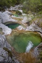 Natural path of Val Falcina at Valle del Mis in Italy. Cadini of Brenton, Sospirolo, with blue azure clear water and multiple